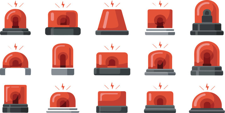Emergency siren icon set with red beacon alarm lights, glossy flashing police and ambulance signals for hazard warning and evacuation alerts