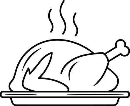 Roasted chicken line art illustration. Hot whole turkey on plate with steam. Simple food outline vector for menu design and cooking concept.