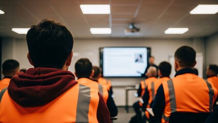 Fototapeta premium Group of people attending a training session or workshop in a modern classroom setting with a large screen at the front and participants wearing safety vests