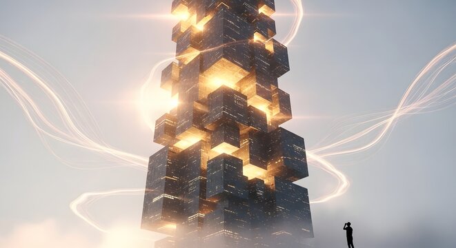 Abstract futuristic monolith tower of glowing data cubes. Cloud computing and server architecture. Silhouette of a man looking at a massive sky high structure of light and blocks