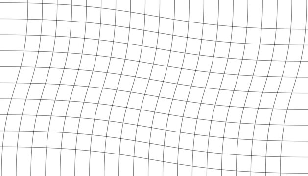An abstract distorted grid pattern featuring undulating black lines on a stark white background creating a wavy effect
