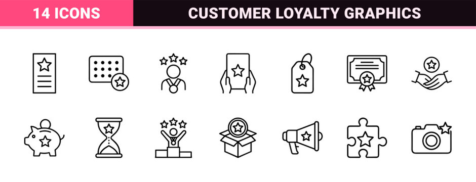 Minimalist customer loyalty rewards and star benefit icon set