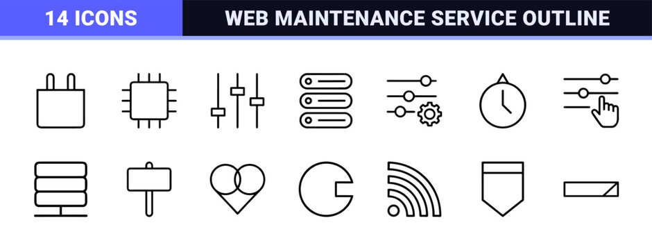 Minimalist settings and configuration outline icon set for web maintenance and system setup.