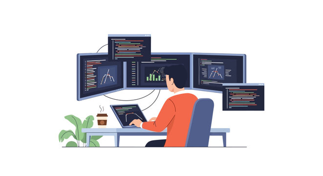 Software developer working on multiple monitors with code and data. EPS Editable. Vector Illustrations.