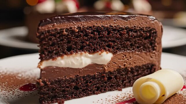 A rich chocolate cake slice with cream filling, garnished with white chocolate curl on a dessert plate