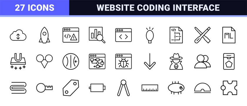 Software engineering and web programming line icon set on grid.
