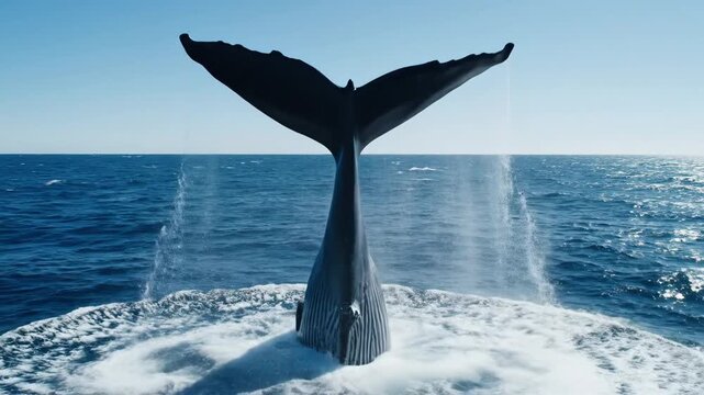 Whale Tail Surfaces in Ocean Water Spray
