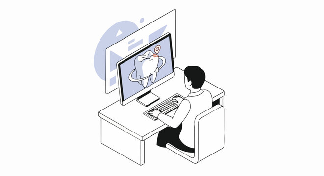 Digital Dentistry Concept: Dentist Analyzing 3D Tooth Model on Computer for Diagnostics and Treatment Planning - Isometric Illustration