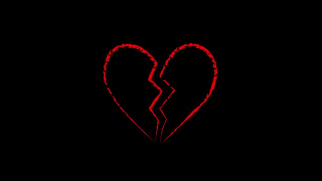 red broken heart shape line art hand drawn breakup animation concept on black background, and simple hand-drawn style love shape isolated on black