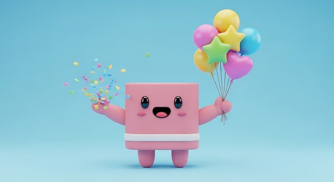 Cute pink cube character celebrating with balloons and confetti, rendered in a 3D cartoon style