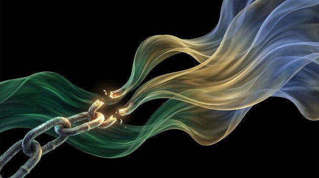 A dynamic image showcasing a heavy metal chain breaking apart into vibrant, flowing smoke against a dark background, symbolizing freedom.