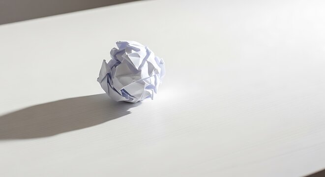 A crumpled piece of paper casting a shadow on a white surface, representing ideas, creativity, and mistakes