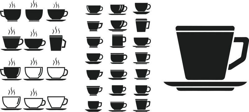 Coffee Cup Silhouette Collection with Various Mug and Teacup Shapes Set for Cafe Menu Beverage Icons Vector Illustration
