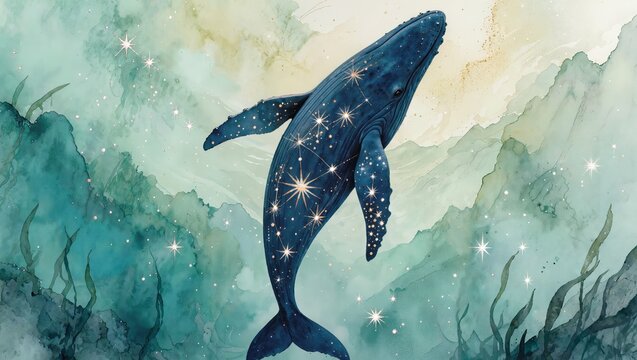 Whimsical watercolor illustration of a majestic blue whale with golden constellations on its skin, swimming through a dreamy underwater mountain landscape.