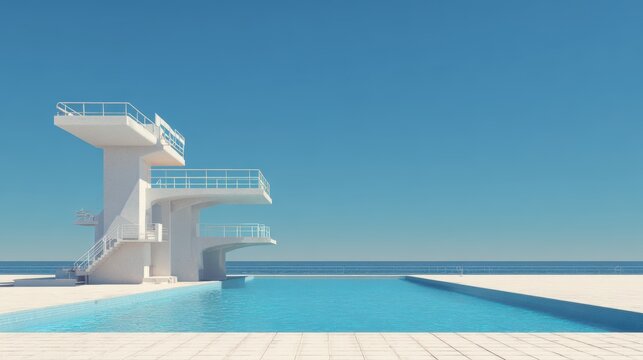Modern Diving Platforms by Tranquil Seaside Pool Under Clear Sky