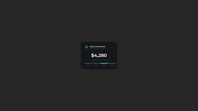 Payment processing UI animation with payout status flow and transaction progress steps. Fintech interface for money transfer, banking dashboards, and financial apps. Dark mode, loop, alpha channel.