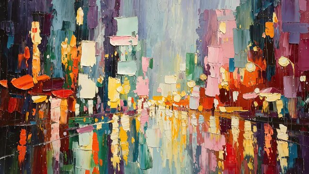 Abstract impasto oil painting of a rainy city street at night, featuring vibrant city lights reflected on wet pavement with heavy palette knife textures.