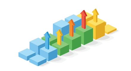 Fototapeta premium An isometric vector graphic depicts rising bar charts made of colorful cubes with upward arrows, symbolizing data growth and business success.