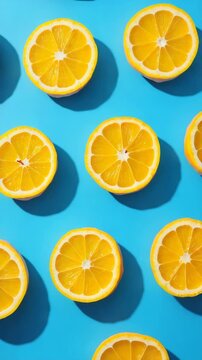 Top view of multiple fresh lemon halves arranged in a seamless pattern on a bright blue background. Vibrant and creative summer-themed concept with copy space.