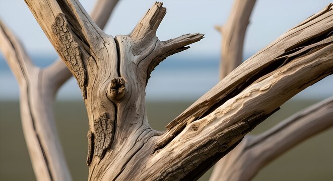 Close-up of weathered, gnarled driftwood branches against a blurred background