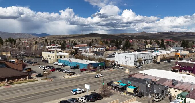 Aerial of mountain town Gunnison Colorado in spring on Main Street