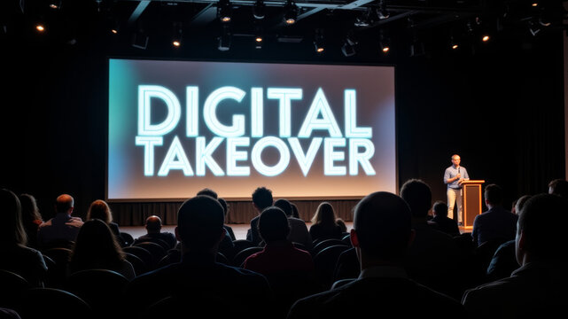 Conference stage digital takeover text symbolizing dominance of technology transformation of society and influence of digital systems globally