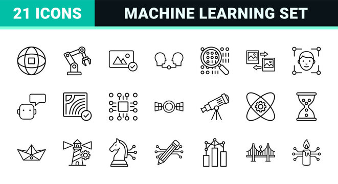 Artificial intelligence and machine learning line icons set.