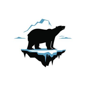 Black silhouette of a polar bear standing on a melting iceberg with blue ice formations and a white background