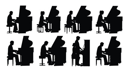 A collection of silhouettes depicts multiple individuals seated at grand and upright pianos practicing or performing music high quality professional detailed © SILHUETTECHEMBER