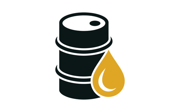 Illustration of black industrial barrel for oil, with a yellow drop symbol representing liquid, designed for energy industry themes, transport and storage concepts.