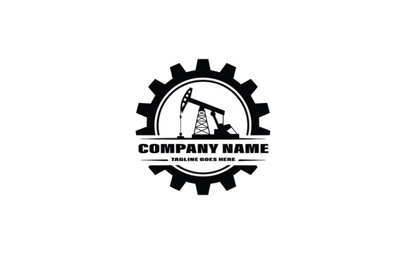 Industrial oil pump jack logo inside gear with company name and tagline vector illustration for business.