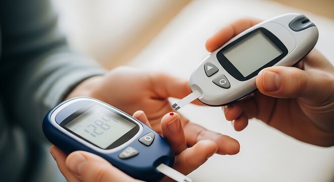 Close-up of two hands holding blood glucose meters, one person pricking finger for a blood sugar test