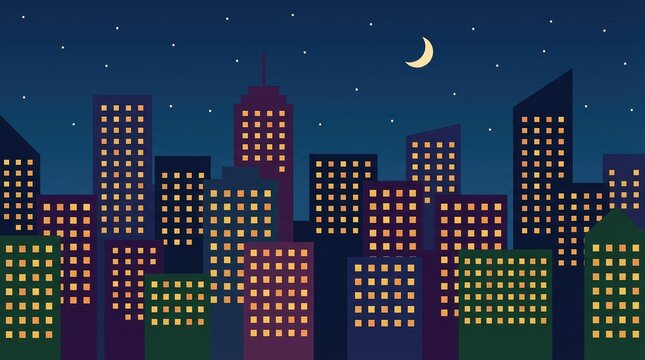Modern illuminated pixel-art skyline at night with crescent moon, vibrant cityscape, urban nightlife, dark blue sky with stars, digital art style