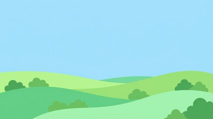 Obraz premium Vibrant green rolling hills landscape with gentle undulating terrain, lush grassy meadows under clear blue sky, serene nature scenery for travel, environmental, and outdoor lifestyle concepts