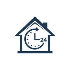 Fototapeta premium 24 Hour Home Service Icon with Clock Inside House.