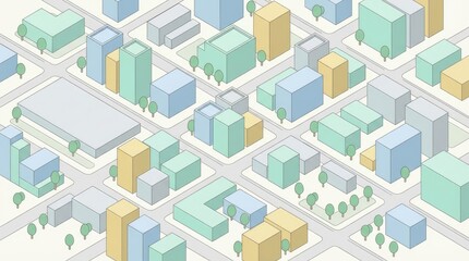 Fototapeta premium Isometric illustration of modern urban cityscape with diverse buildings, greenery, and interconnected streets, minimalist architectural design concept for real estate, urban planning, or city