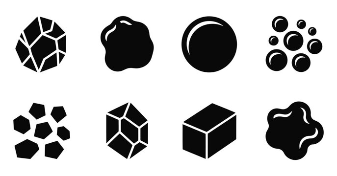 Sand, grain icon set, various designs vector collection, stone, pebble, jewel, sphere, gem, crystal, cube, isolated objects, natural material shapes, geology concept, flat vector graphics for design 