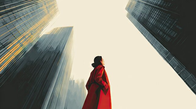 Woman in red coat stands beneath skyscrapers looking upward