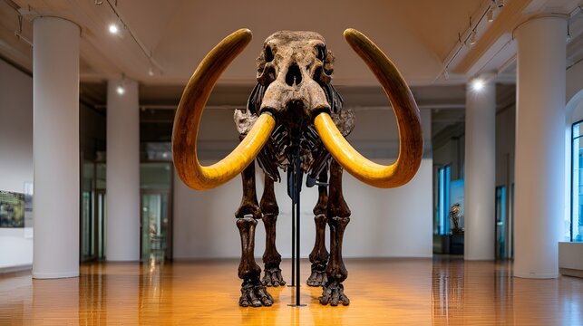 Mammoth skeleton on display in museum during daylight hours