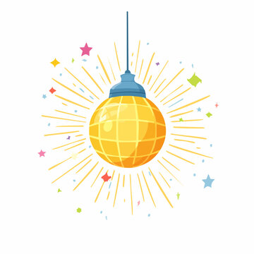 A vibrant disco ball hanging from the ceiling, illuminated with colorful bursts of light and confetti