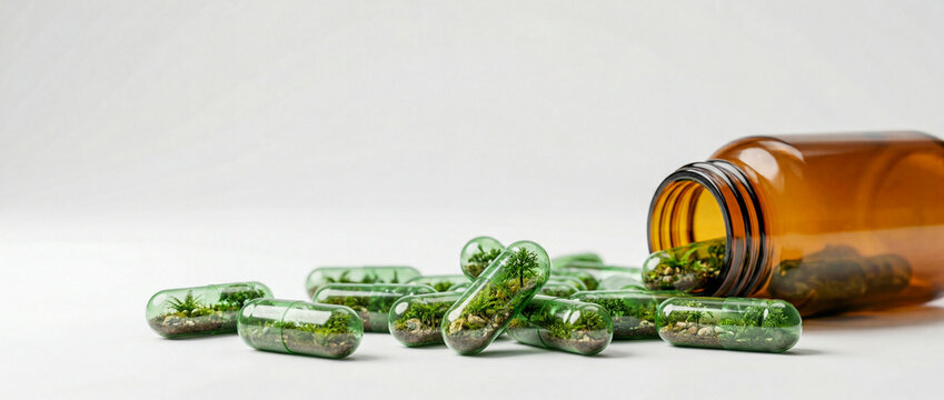 Eco supplement capsules with miniature forest ecosystem spilling from amber glass bottle on clean background, copy space. Concept of natural medicine, sustainability, green health, biotech innovation