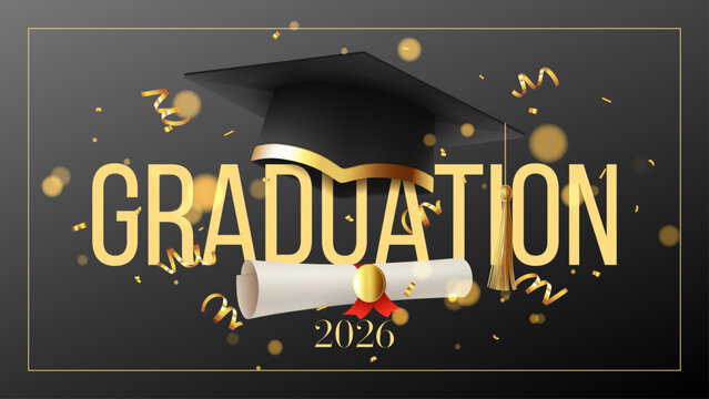 Concept of Graduation Ceremony Banner. Vector background with realistic graduation cap, golden confetti, diploma scroll. Banner for for graduation of college, school, university or degree ceremony. 
