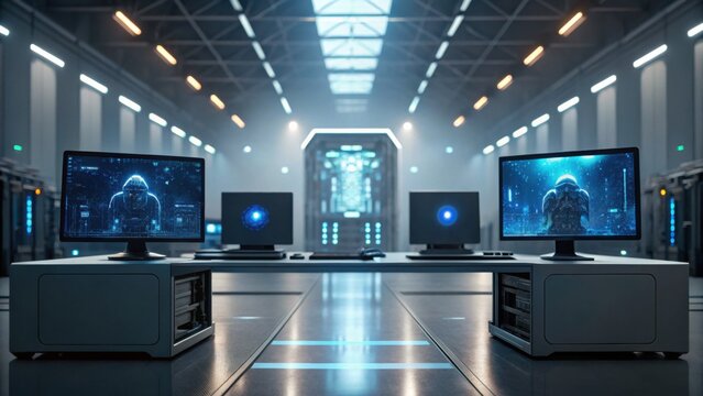 Futuristic data center with multiple monitors displaying hooded hacker silhouettes in a high-tech, secure server room.