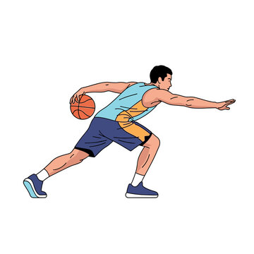 Athletic man dribbling basketball in dynamic pose, sports illustration