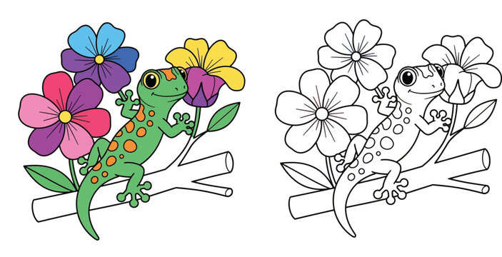 Cute Gecko Lizard on a Tropical Flower Branch Coloring Page and Color Illustration Set for Kids Nature Activity Vector Design