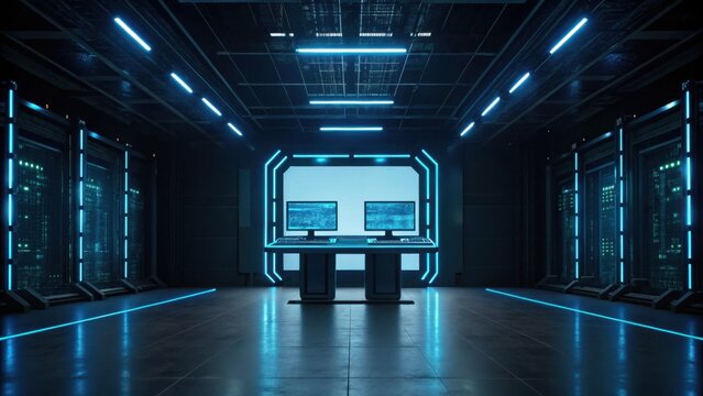 A futuristic data center with illuminated server racks and two central computer monitors displaying code in a dark, high-tech environment.