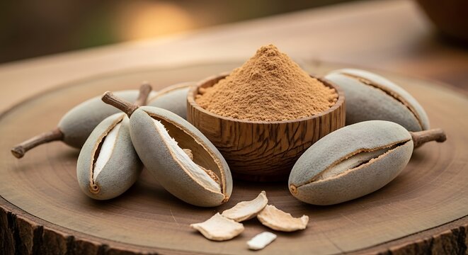 A wooden bowl filled with ground kola nut powder surrounded by several raw whole kola nut pods. baobab powder
