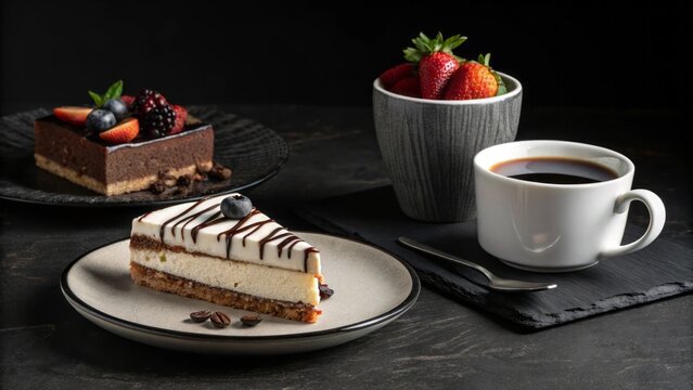 Delicious Dessert Selection with Cake, Berries, Coffee, and Elegant Black Background