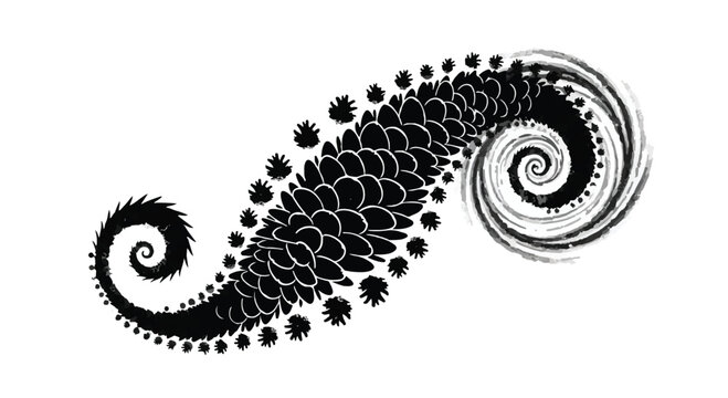 Fern frond with spiral patterns showcases the intricate geometry of natural forms.