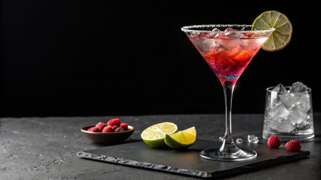 Vibrant Cocktail with Raspberry and Lime on Slate Serving Board Against Dark Background